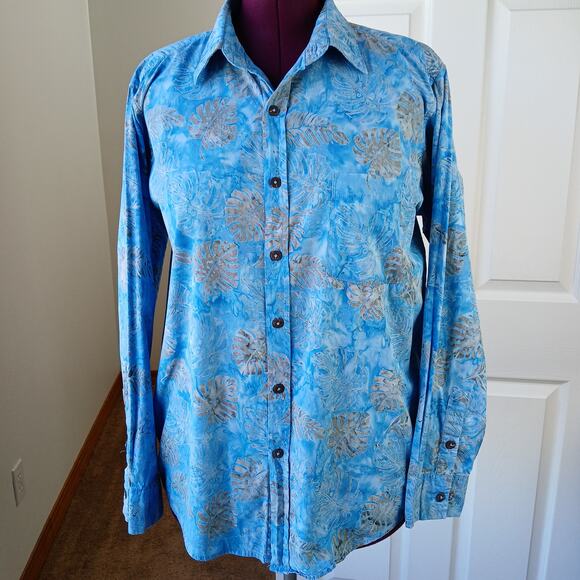 Pete Huntington Handcrafted Bali Batik Shirt L long sleeve blue ferns button-up - Picture 6 of 14